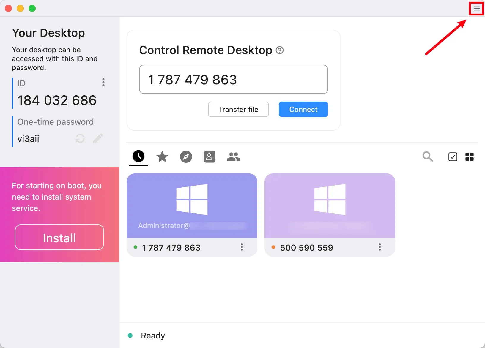 RustDesk 点击右上角“≡”进入菜单