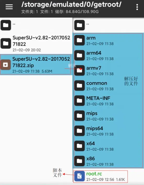 借助“MT管理器”在目录解压 SuperSU 压缩包