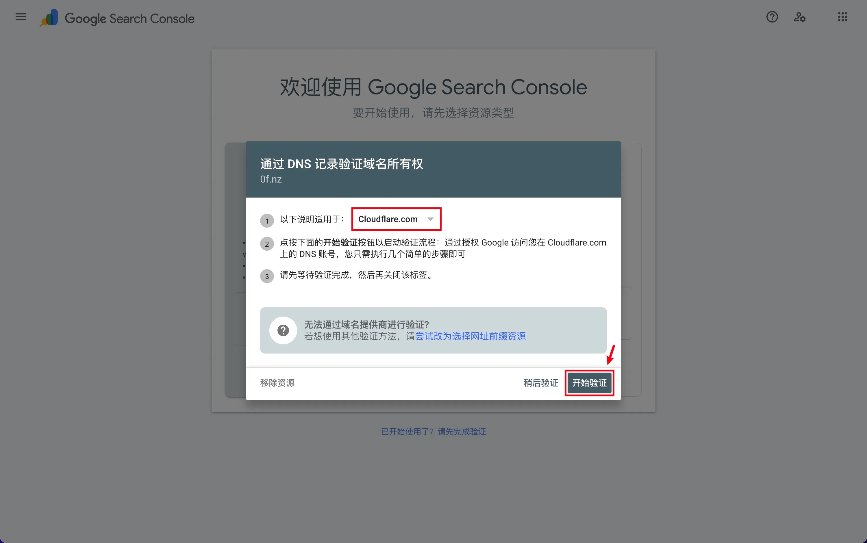Google Search Console 点击“认证”按钮后的弹窗,标题为“通过 DNS 记录验证域名所有权”